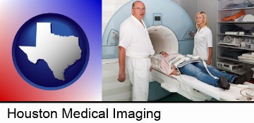 a magnetic resonance imaging machine with a technician, nurse, and patient in Houston, TX