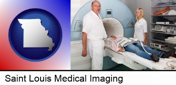 a magnetic resonance imaging machine with a technician, nurse, and patient in Saint Louis, MO