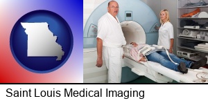 Saint Louis, Missouri - a magnetic resonance imaging machine with a technician, nurse, and patient