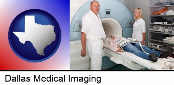 a magnetic resonance imaging machine with a technician, nurse, and patient in Dallas, TX