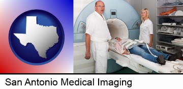 a magnetic resonance imaging machine with a technician, nurse, and patient in San Antonio, TX